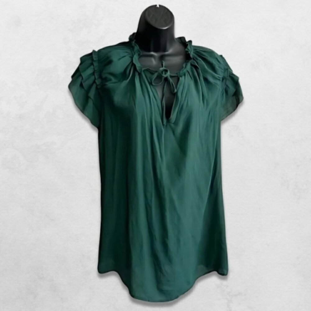 Dokotoo V-Neck Top Adjustable Drawstring Ruffled Cap Sleeves Deep Green W US XL